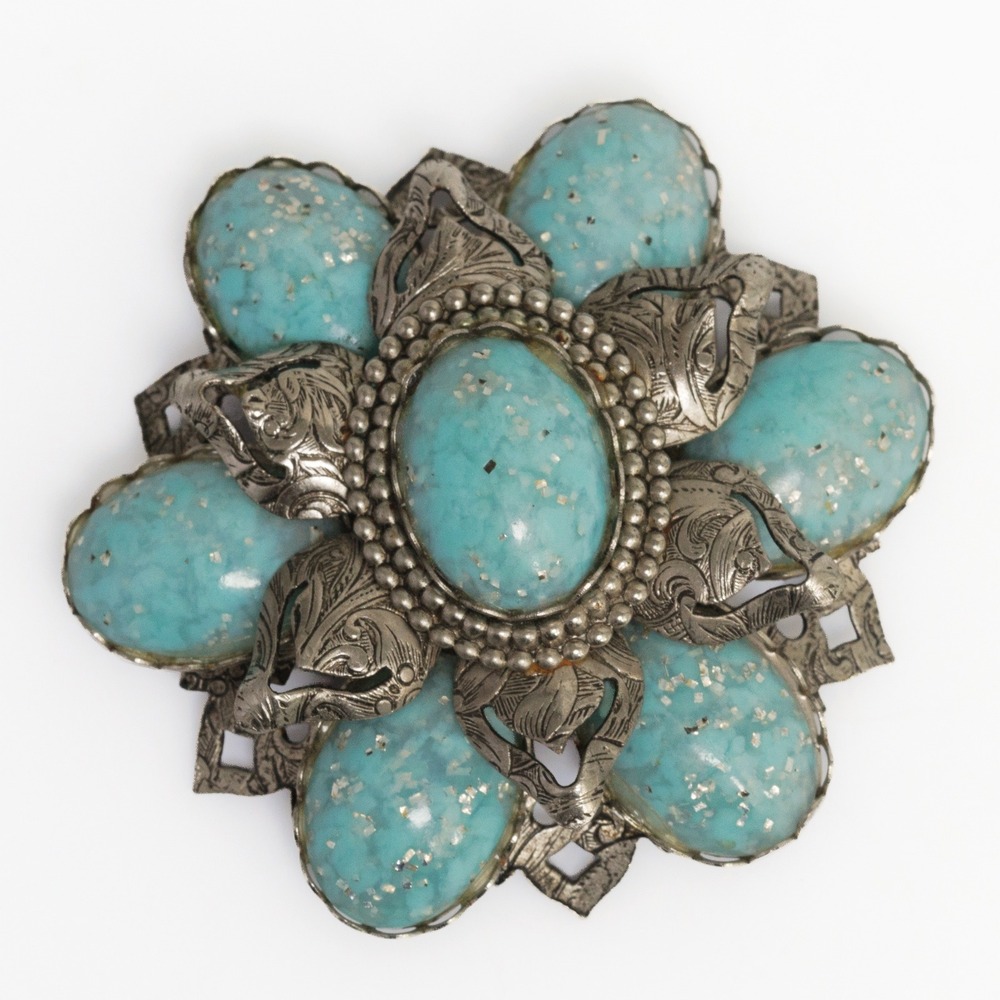 Vintage Faux Turquoise Flower Brooch Ornate Silver Metal Setting